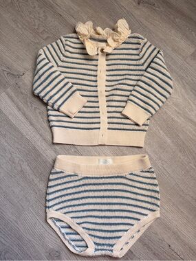 Baby Girl cloud island Cream and Blue Striped Knit Cardigan & Bloomers Set